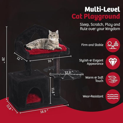 Gothic Cat Tree - 28in Black Cat Condo with Regal Throne Bed, Spooky Hanging Bat and Durable Sisal Scratching Post - Goth Cat Tree for Majestic Rest