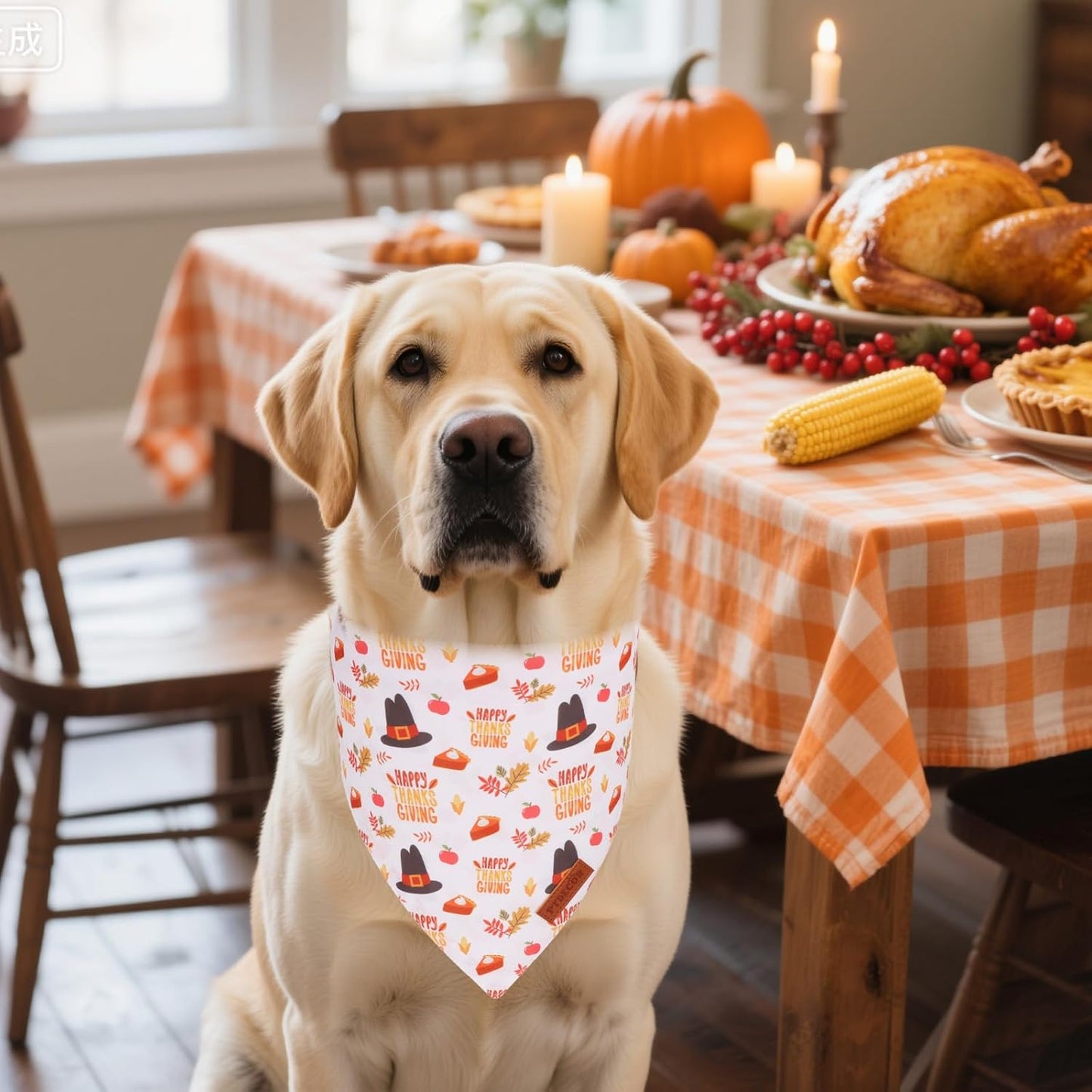 PTDECOR Thanksgiving Fall Dog Bandanas, Orange White Reversible Holiday Pet Scarf, Happy Thanksgiving Pumpkin Triangle Thanksgiving Bandanas for Extra Large Dogs (X-Large)