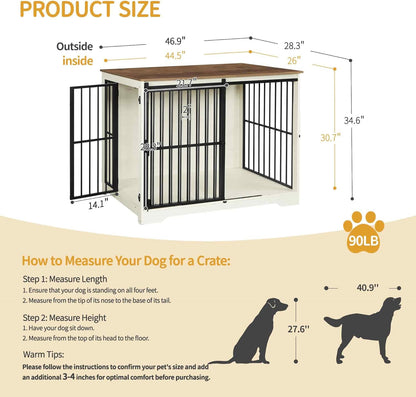 XXL Large Dog Crate Furniture, 46.9" Indoor Dog Kennel Furniture with Barn Door, Wooden Tall Dog Crate, Heavy Duty Dog Cage for Large Dogs, Side End Table, Anti-Chew, White Brown DFC83814B