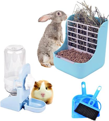 HERCOCCI PET Feeder and Water Bottle Set, Large Blue (500ml), Durable Hay Food Bin Feeder, Food Bowl, Gravity-Fed Water Dispenser for Rabbit, Guinea Pig, Chinchilla