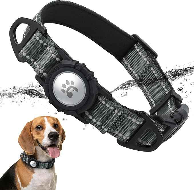 TagME Airtag Dog Collar,Waterproof Reflective Pet Collar with Airtag Holder,Soft Padded and Double D-Rings for Medium Dogs,Grey