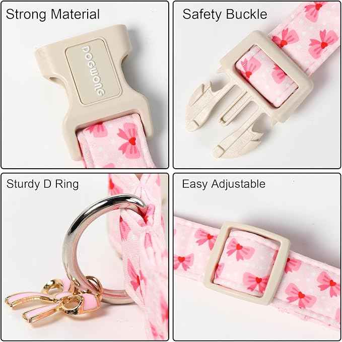 DOGWONG Cute Bowtie Printed Collar for Small Medium Large Dogs - Pink Dog Collar for Girl Female Dogs,XL