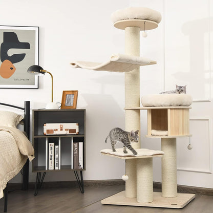 Tangkula Modern Cat Tree, Multi-Level Large Cat Tower with Condo, Hammocks & Hanging Basket, Tall Cat Tree with Sisal Posts, Washable Cushions, Wood Cat Trees and Towers for Indoor Large Cats