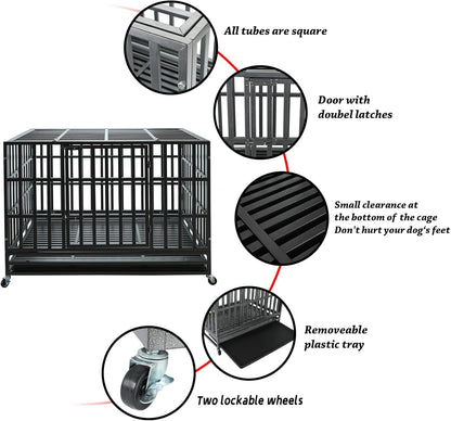 Confote 47Inch Heavy Duty Dog Kennel Strong Metal Dog Cage Pet Crate for Medium and Large Dogs with Four Lockable Wheels, Removeable Tray