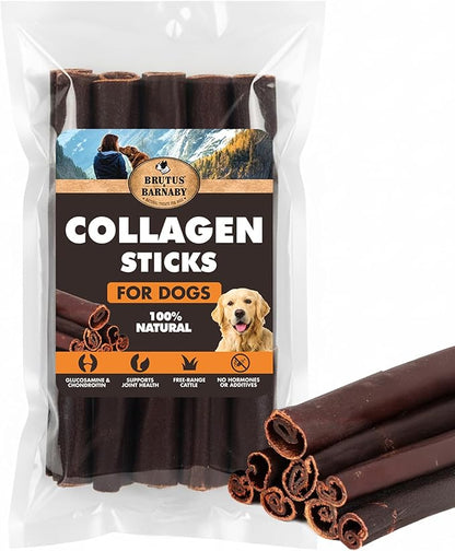 BRUTUS & BARNABY Beef Collagen Sticks for Dogs-Great Long Lasting Chew for All Dog Breeds-Odor Free, With Naturally Occurring Glucosamine & Chondroitin for Joint Health-Great for Any Dog Size(5 Count)