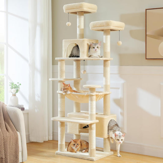 PAWZ Road Large Cat Tree, 72 Inches Cat Tower for Large Cats, Cat Condo with Sisal-Covered Scratching Posts and Pads, 2 Padded Perch, Dual Condo and Basket for Indoor Cats-Beige