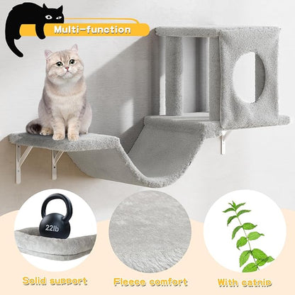 NUNU LAB Wall Mounted Cat Wall Shelves, 12-in-1 Cat Wall Climber with Condos House, Scratching Post, Bridge Ladder, Indoor Space-Saving Furniture for Kittens Play, Gray