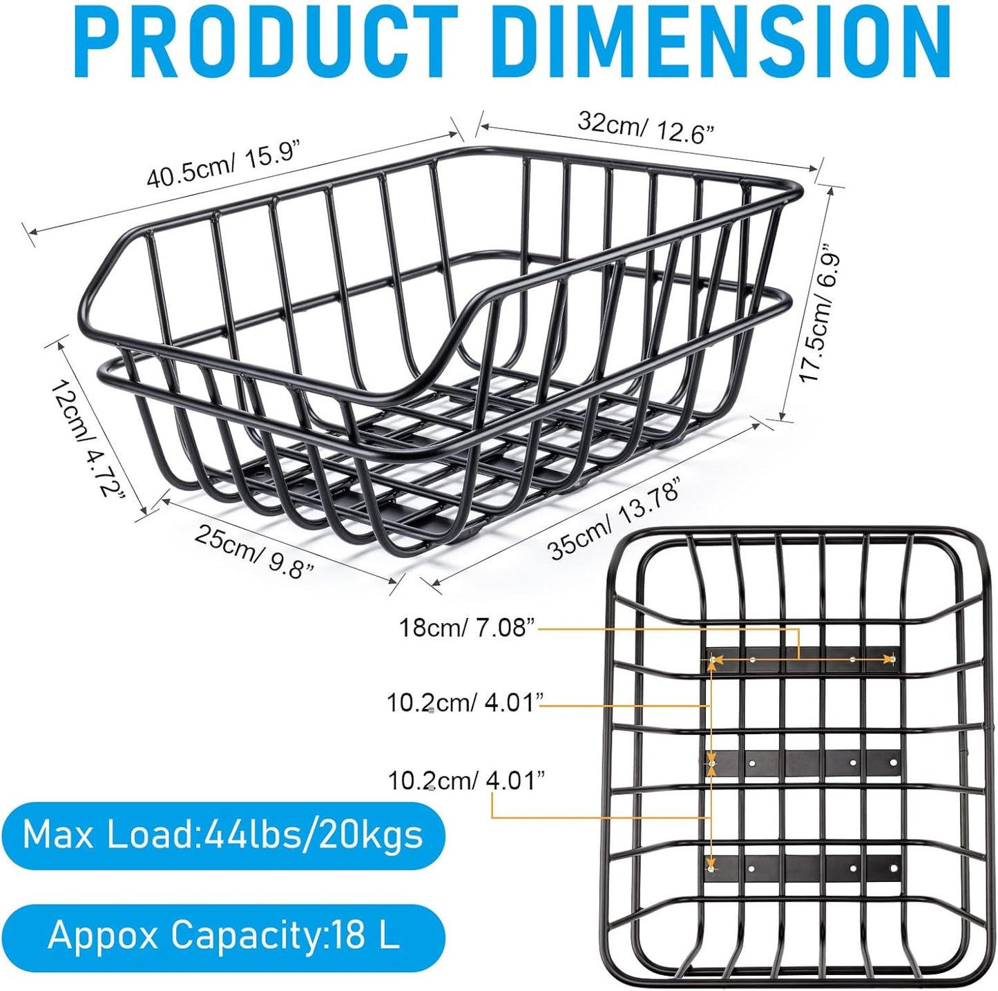 CXWXC Rear Bike Basket - Bicycle Rear Basket with Cargo Net and Waterproof Cover - Rear Mount Aluminium Bike Basket Large Capacity - Pawvie