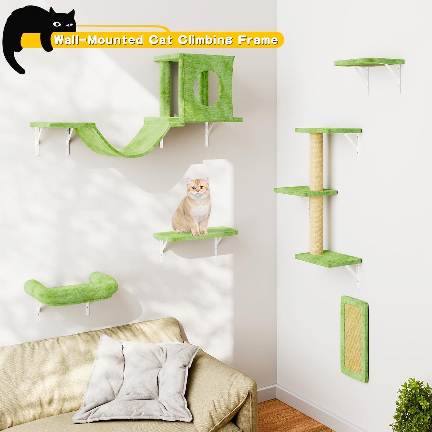 NUNU LAB Wall Mounted Cat Climber Set, 6 Pcs Cat Furniture Set with House, Bridge, Steps, Scratcher Board and Hammock, Shelves for Indoor, Luxury Walls Furniture(Green)