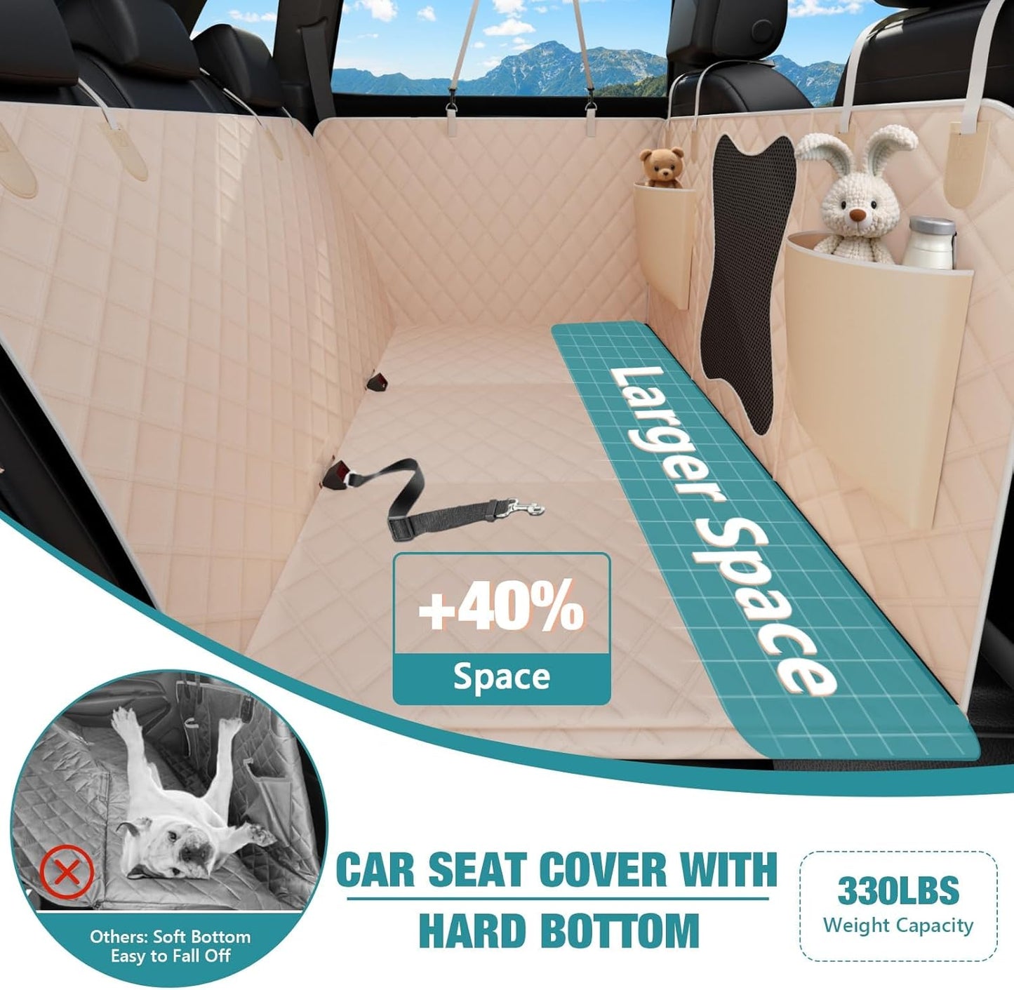 Waterproof Dog Car Seat Cover for Back Seat – Heavy Duty Back Seat Extender for Dogs with Hard Bottom, 7-Layer Protection, Non-Slip & Scratchproof, Easy to Install (Beige) - Pawvie