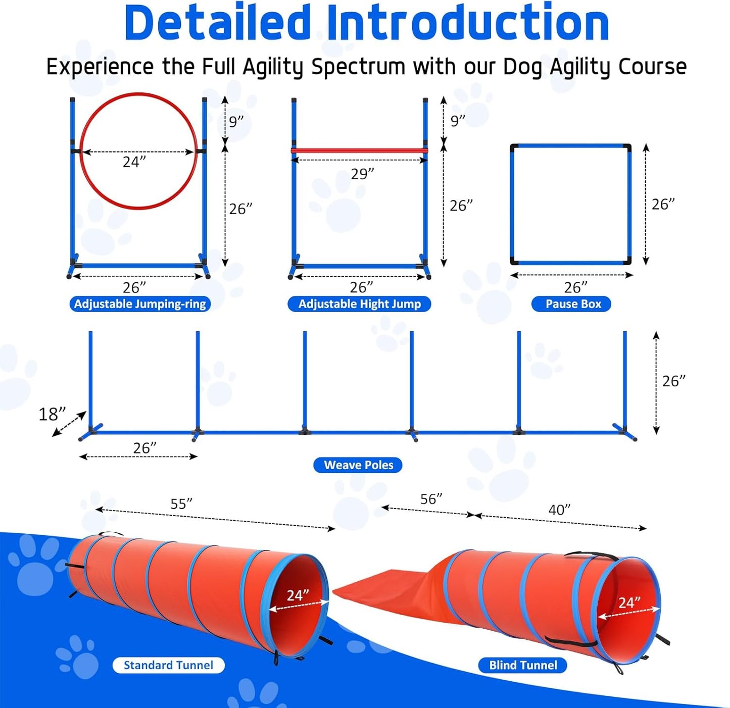 Dog Agility Training Equipment Set, Obstacle Courses Agility Training Kit for Puppy Includes 2 High Hurdles, Standard Tunnel, Blind Tunnel, Jumping Ring, 6 Weave Poles, Pause Box and 2 Carrying Bags