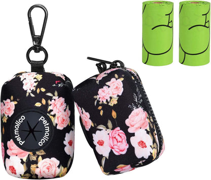 Petmolico Dog Poop Bag Holder Leash Attachment, Waste Bag Dispenser Zippered Pouch, Fits Any Leash, Includes Free Roll of Bags, 2 Packs - Pink Rose
