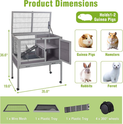 GUTINNEEN Wooden Guinea Pig Cages with Wheels for Indoor & Outdoor, 2-Story Rabbit Cage Bunny Hutch with Wire Mesh & Leakproof Pull-Out Tray for Guinea Pigs, Hamsters, Small Animals (Grey)