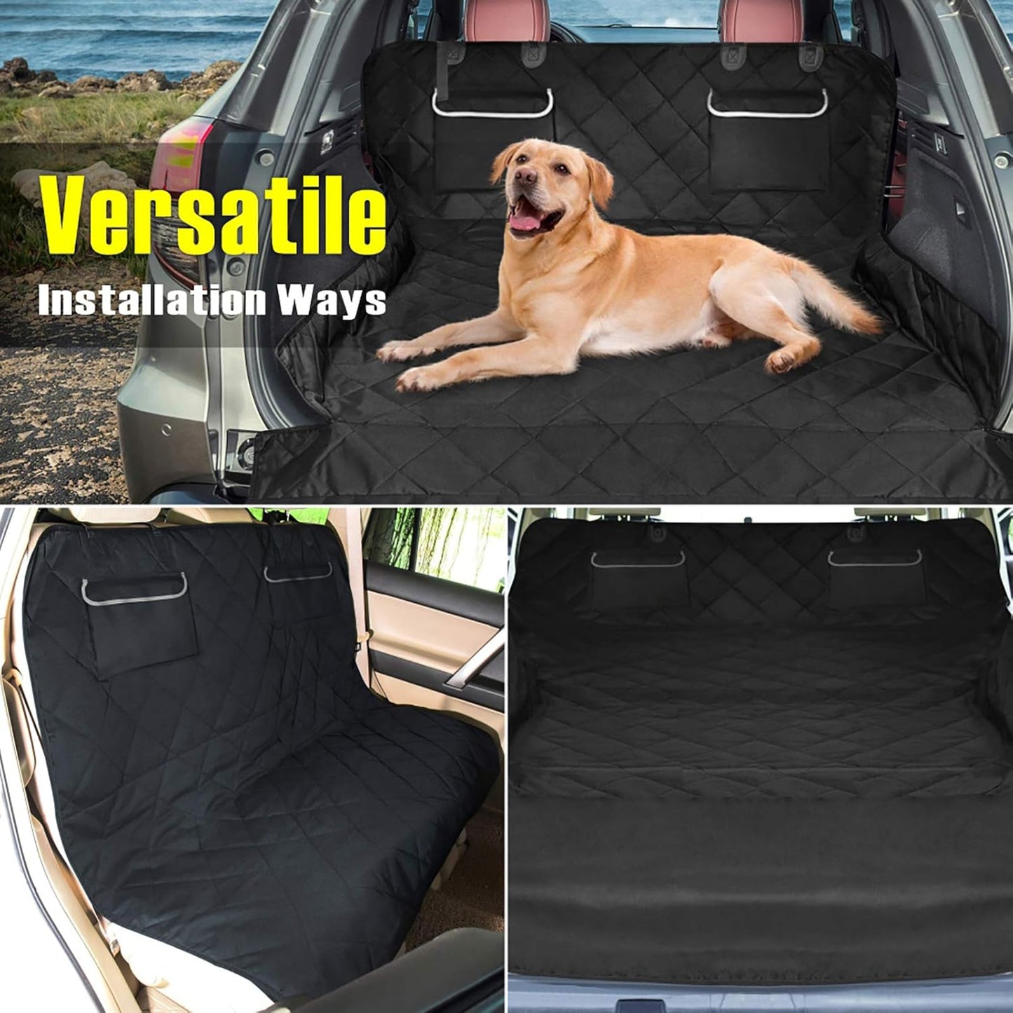 F-color SUV Cargo Liner for Dogs, Waterproof Pet Cargo Cover Dog Seat Cover Mat for SUVs Sedans Vans with 2 Large Pockets, Non-Slip, Large Size Universal Fit, Black - Pawvie