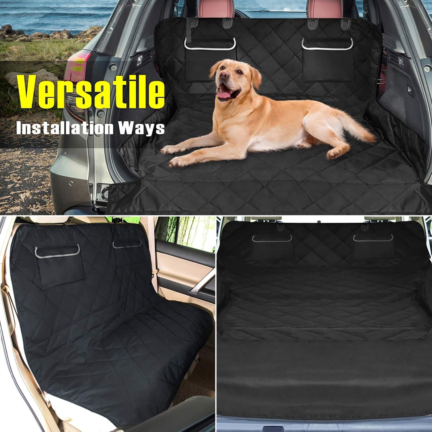 F-color SUV Cargo Liner for Dogs, Waterproof Pet Cargo Cover Dog Seat Cover Mat for SUVs Sedans Vans with 2 Large Pockets, Non-Slip, Large Size Universal Fit, Black - Pawvie