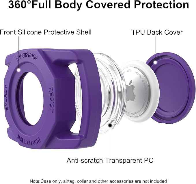 SANKALA Airtag Dog Collar Holder, [1 Pack] Waterproof Airtag Case for Dog Collar, TPU & Silicone Full Body Covered Apple Air Tag Collar Holder Protective Airtag Case for Pet Collar, Dark Purple