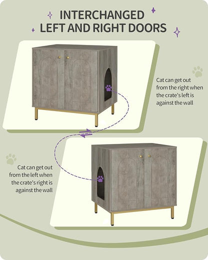 Cat Litter Box Enclosure, Hidden Litter Box Furniture Cabinet, Wooden Indoor Cat House, Side End Table, Living Room, Bedroom, Greige and Gold CB81205G