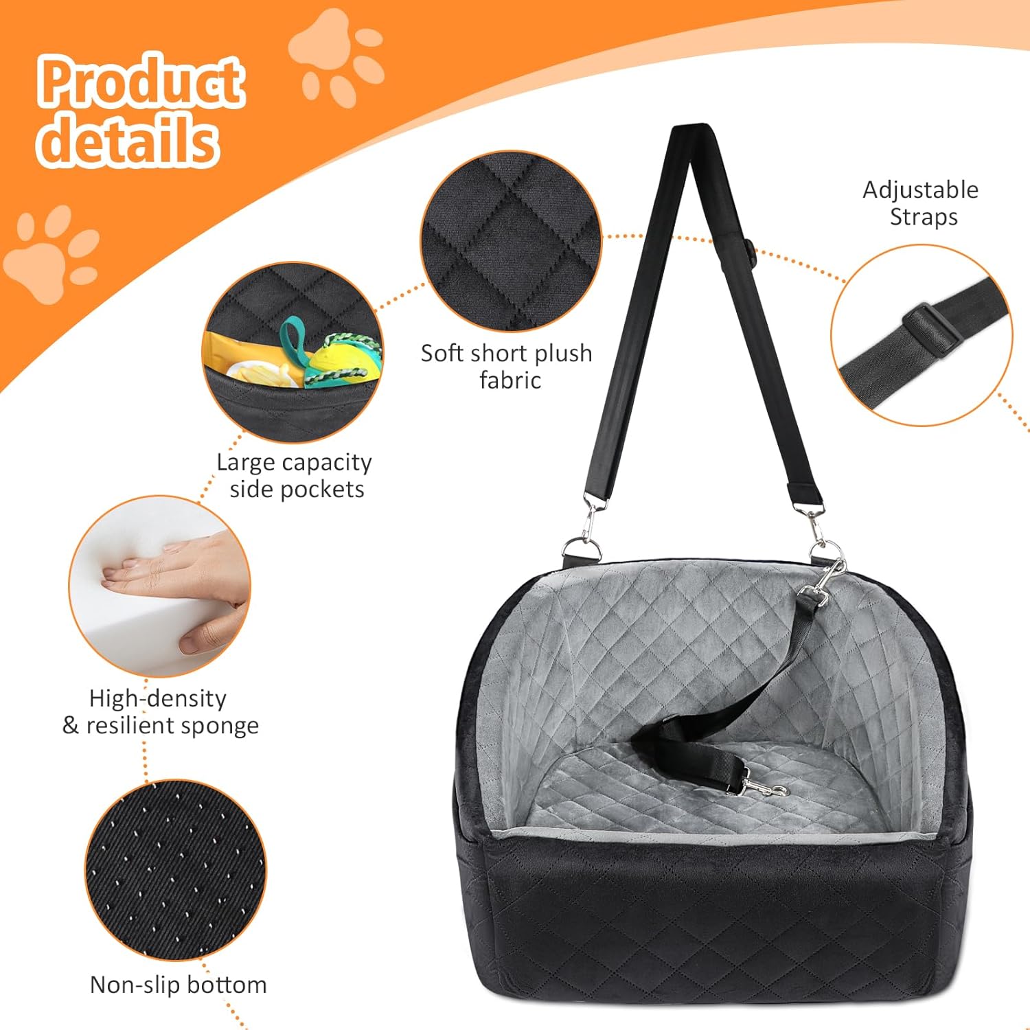 Dog Car Seat for Small Dogs,Detachable Washable Dog Booster Seat Under 30lbs, Pet Car Seat Travel Bed with Storage Pockets and Dog Safety Belt (Black/Grey) - Pawvie