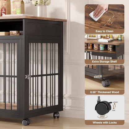 39.4" Dog Crate Furniture for Medium and Large Breed, Dog Kennel Furniture with Storage Shelf & Lockable Wheels, Heavy Duty Wooden End Side Table Pet Cage Indoor, Chew-Resistant, Brown