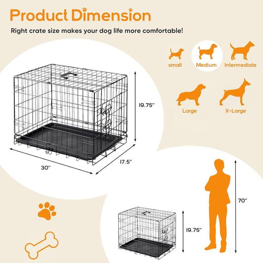 Dog Crate, 30 Inch Medium Wire Kennel with Divider Panel, Metal Cages with Double Door, Leak-Proof Pan Tray, Folding Portable for Indoor Outdoor Travel