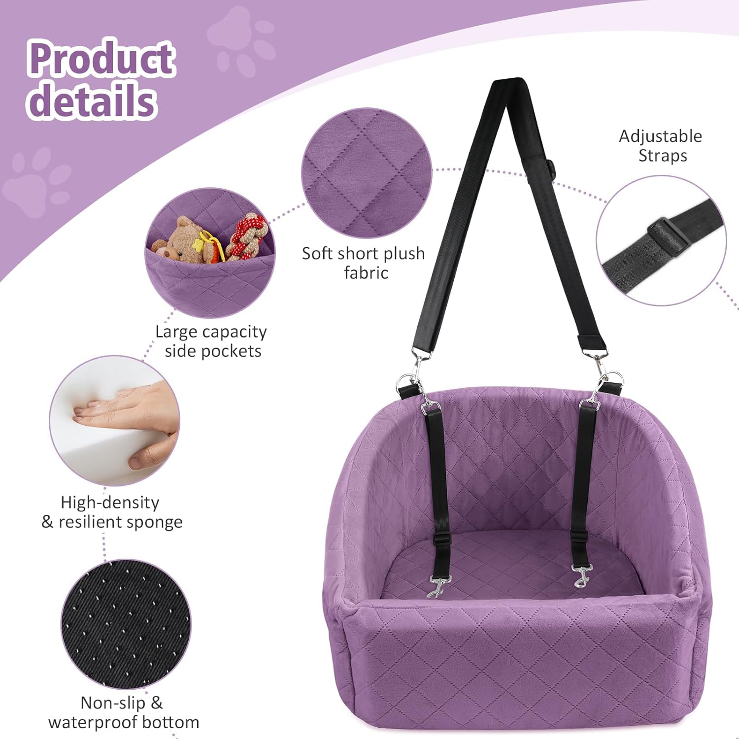 Dog Car Seat for Small Medium Dogs,Detachable Washable Dog Booster Seat Under 30lbs, Pet Car Seats Travel Bed with Storage Pockets and Safety Belt (Purple) - Pawvie