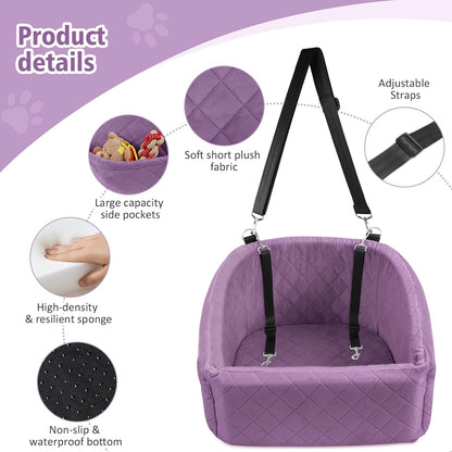 Dog Car Seat for Small Medium Dogs,Detachable Washable Dog Booster Seat Under 30lbs, Pet Car Seats Travel Bed with Storage Pockets and Safety Belt (Purple) - Pawvie