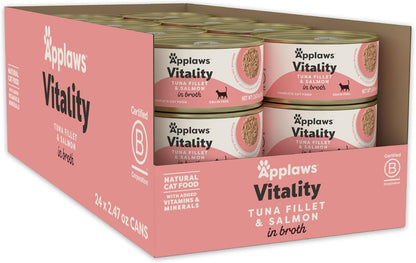 Applaws Vitality Wet Cat Food in Broth, Natural Canned Cat Food, Wet Food for Cats with Added Vitamins and Minerals, Grain and Carrageenan Free, Tuna Fillet & Salmon in Broth (24 Count, 2.47 oz Cans)