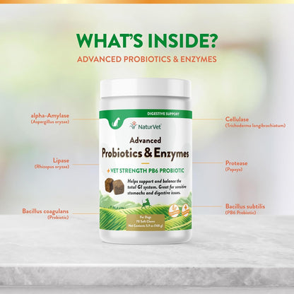 NaturVet Advanced Probiotics & Enzymes, PB6 Dog Soft Chews to Help Sensitive Stomachs and Digestive Issues, Hickory Smoked Bacon Flavored Pet Supplement for Dogs Over 6 Weeks, 70 Count Jar