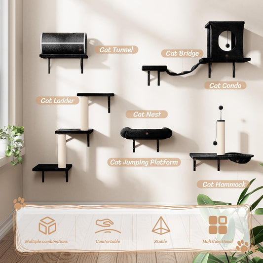 NUNU LAB 7-in-1 Wall Mounted Cat Climber Set, Cat Furniture with House, Tunnel, Bridge, Steps, Scratcher, Hammock, Shelves for Indoor, Black