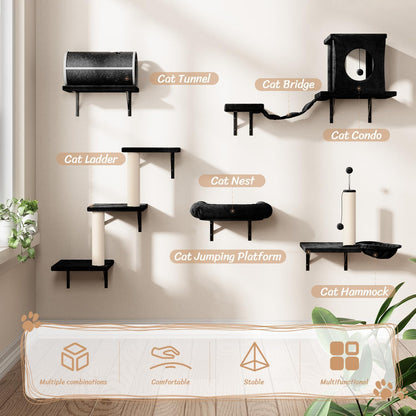 NUNU LAB 7-in-1 Wall Mounted Cat Climber Set, Cat Furniture with House, Tunnel, Bridge, Steps, Scratcher, Hammock, Shelves for Indoor, Black