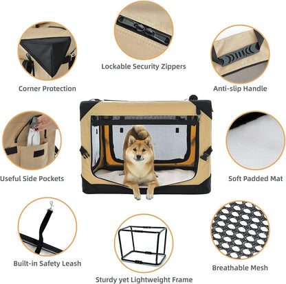 Pettycare 36 Inch Collapsible Dog Crate for Large Dogs, 4-Door Foldable Soft Dog Kennel with Chew Proof Mesh Windows, Indoor & Outdoor Travel Dog Crate, Beige