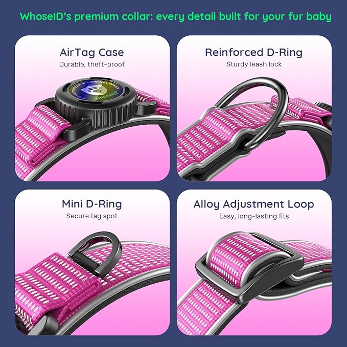 WhoseID Premium Dog Collar for Large Dogs - IPX8 Waterproof AirTag Dog Collar | Magnetic Buckle Heavy Duty Collar | 450LB Escape-Proof | Reflective Dog Collar with AirTag Holder