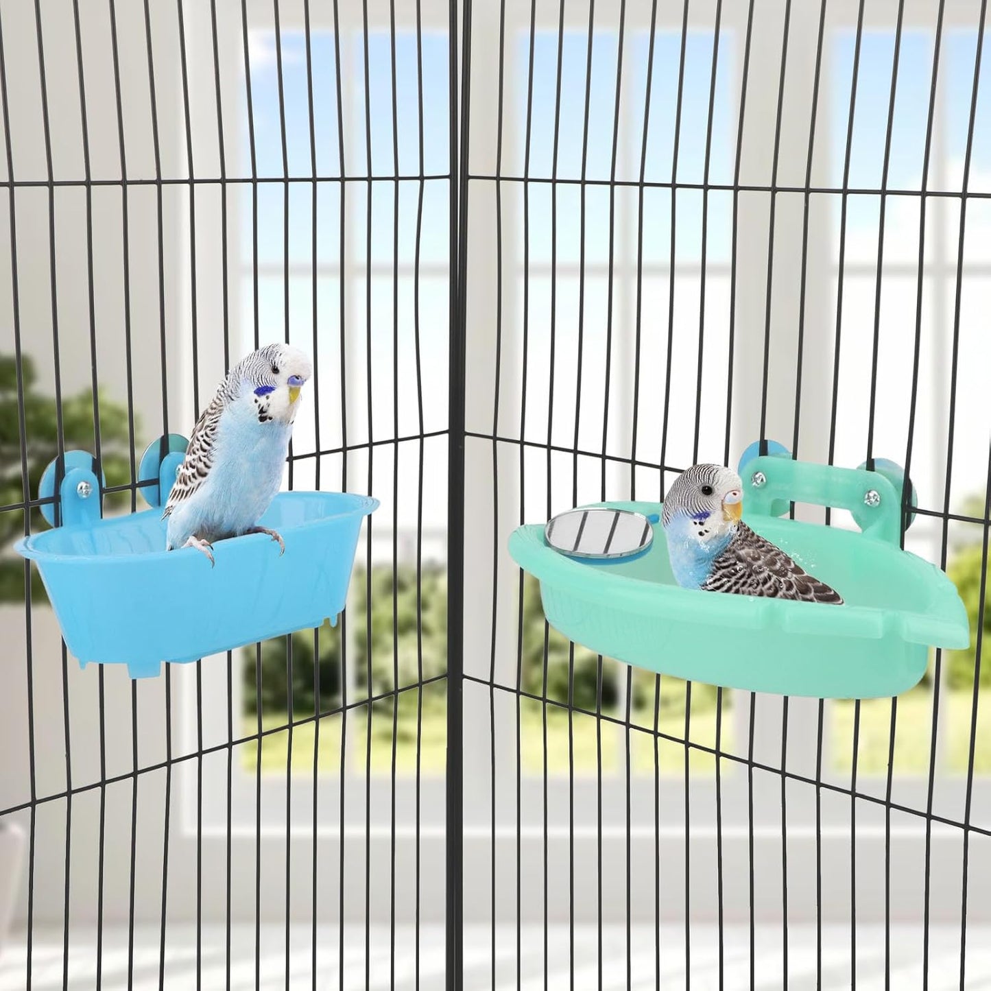 Wontee Bird Bath Box with Mirror Portable Parrot Hanging Bathroom Bathing Tub for Small Birds Cleaning Supplies (Blue(B)+Green)