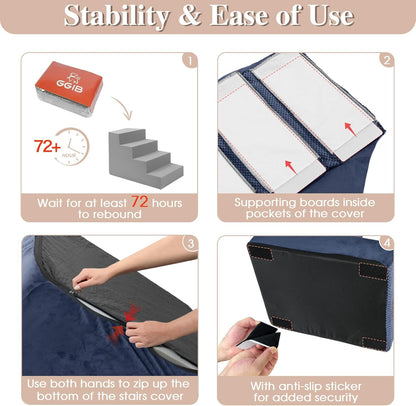 GGIB Dog Stairs for Small Dogs and Cats - Non-Slip Steps for High Bed, Sofa, Couch - Pet Ramp with Removable Washable Cover, Navy, 22" H, 5-Step