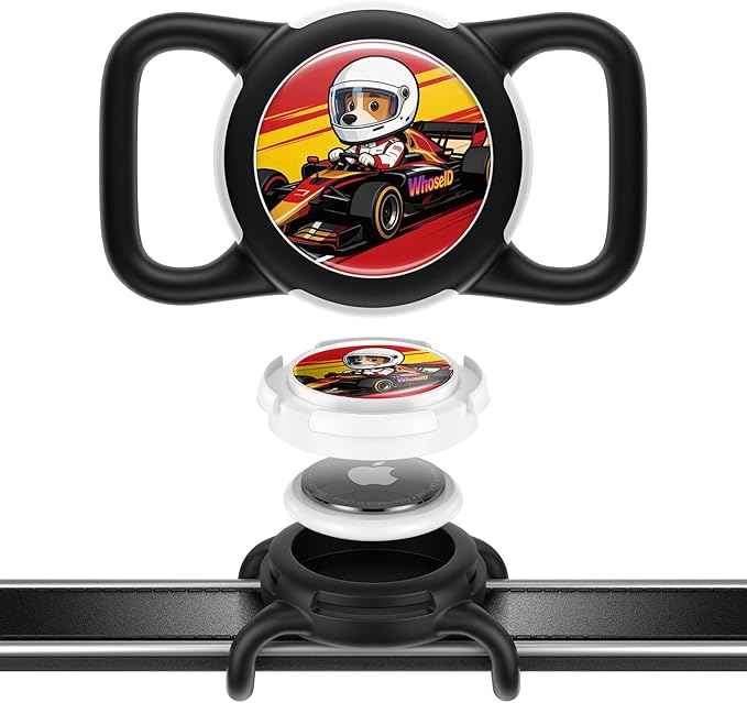 Dog AirTag Holder for Dog Collar, Soft Silicone Slide-On Case for Apple AirTag, No-Dangle Quiet Protective Holder with Eye-Catching Pet Character Designs, Black-Racecar Driver