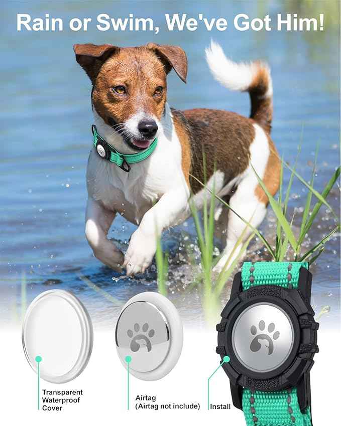 TagME Airtag Dog Collar,Waterproof Reflective Pet Collar with Airtag Holder,Soft Padded and Double D-Rings for Medium Dogs,Turquoise