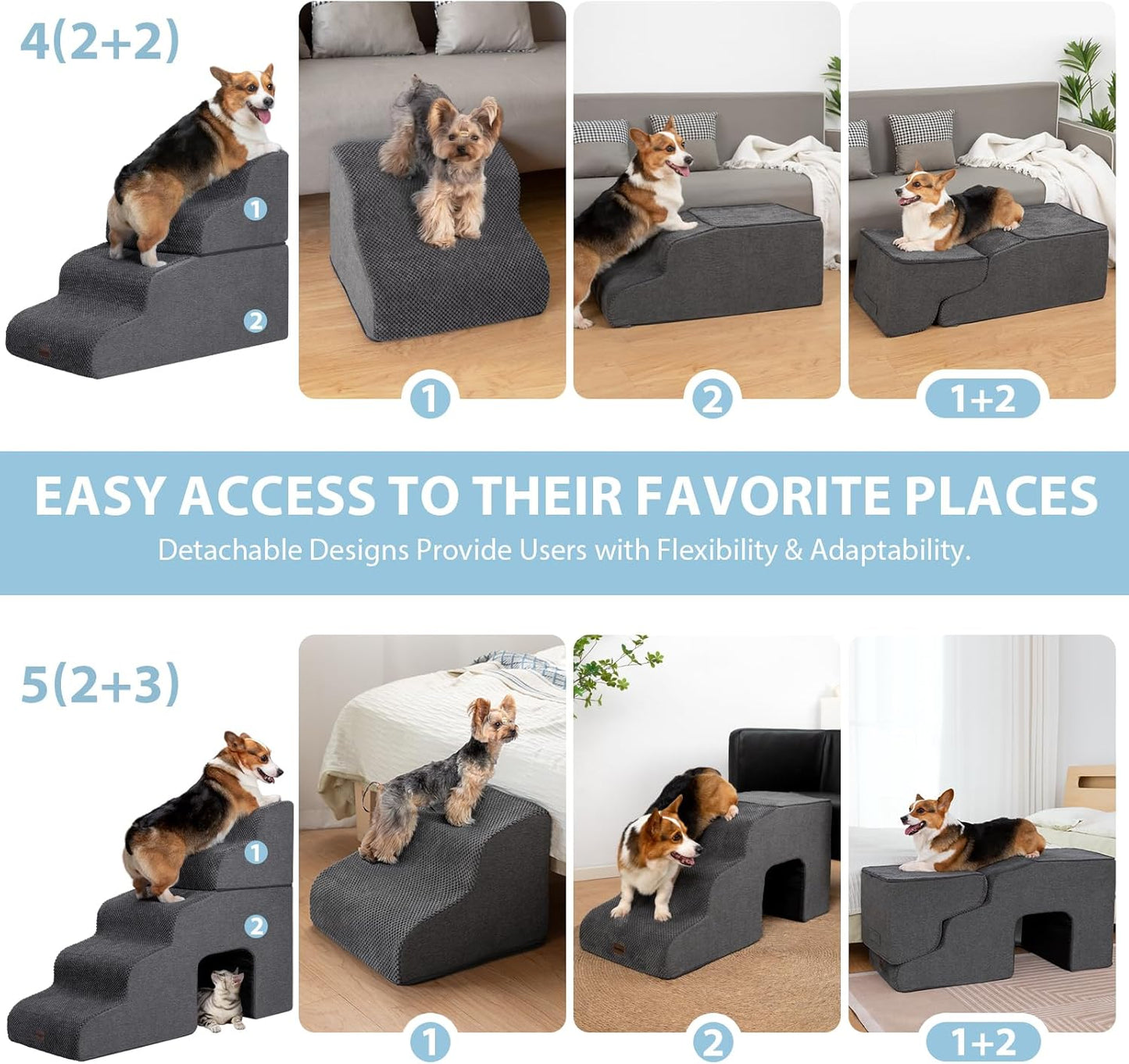 Dog Stairs for High Beds, 4-Step Dog Steps for Small Dogs and Cats, Foldable Pet Stairs for High Bed Climbing, Non-Slip Balanced Pet Step Indoor, Dark Grey - Pawvie