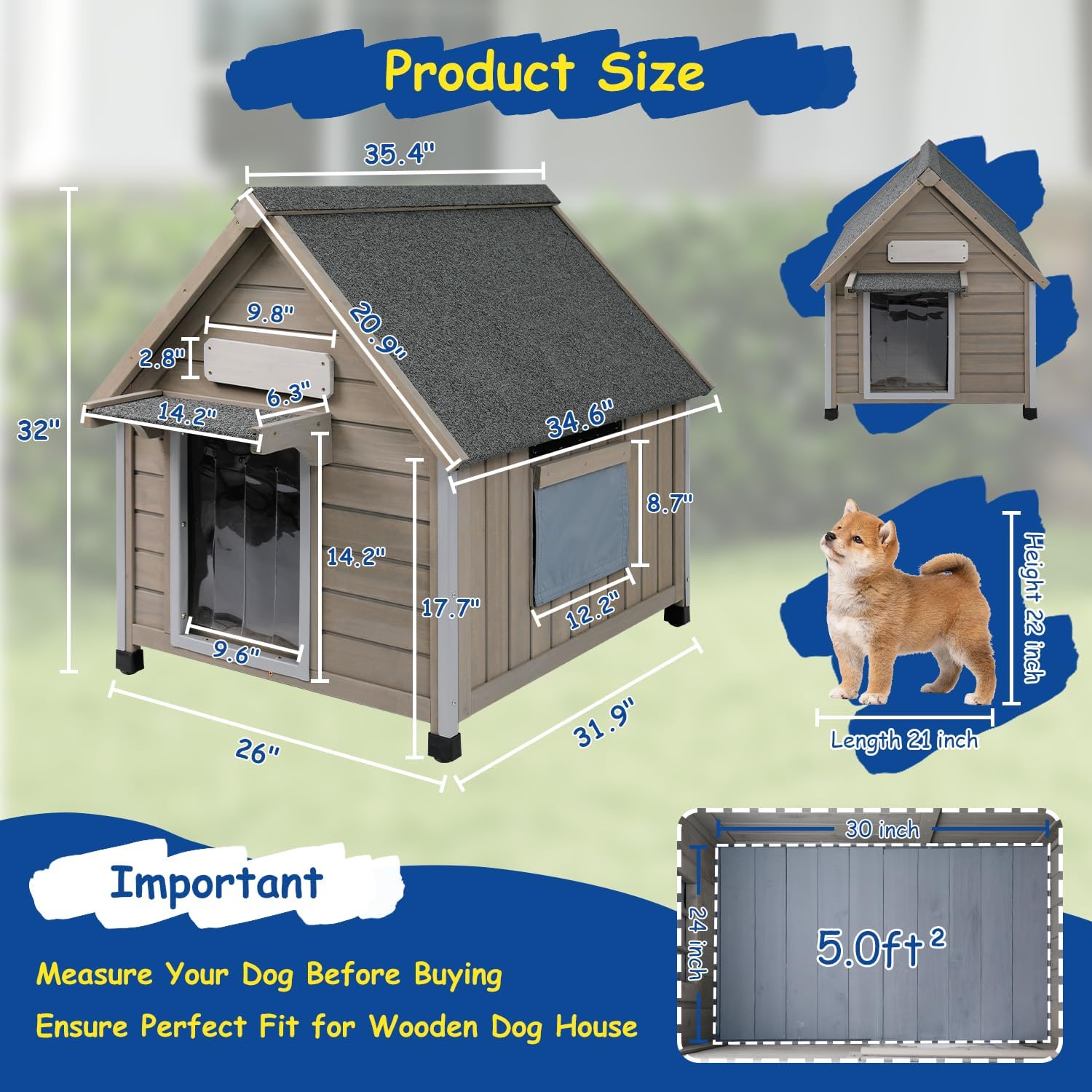 Outdoor Dog House Waterproof for Medium Small Dogs with Anti-Chewing Iron Frame, Adjustable Vent Window, Indoor & Outdoor Doghouse Kennel Puppy Shelter, Easy Clean and Assemble (26" L*31.9" W*32" H) - Pawvie