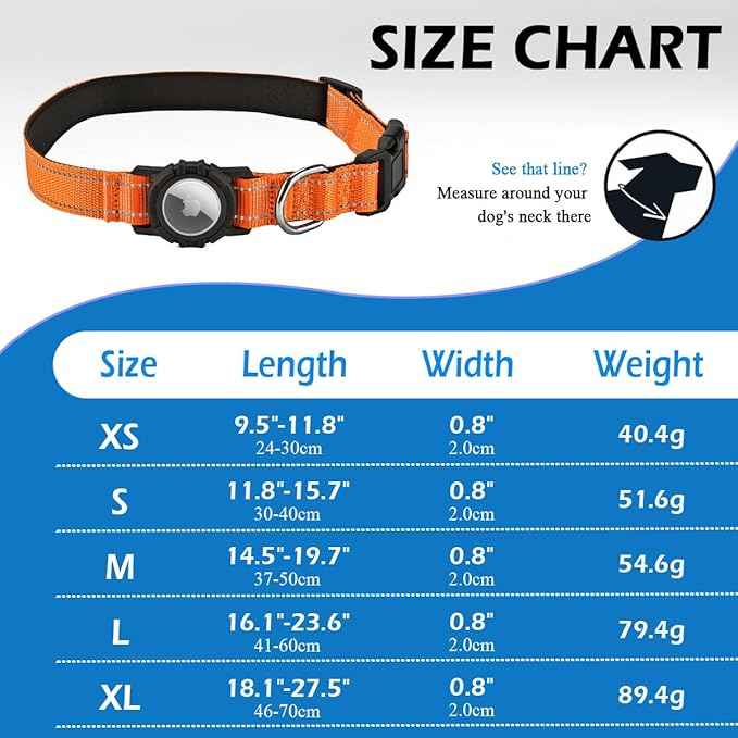 Airtag Dog Collar with Waterproof Air Tag Holder, Integrated Reflective Pet Collar with Soft Padding, Adjustable Nylon Collar for Small Medium Large Dogs, Orange, XS (9.5"-11.8")