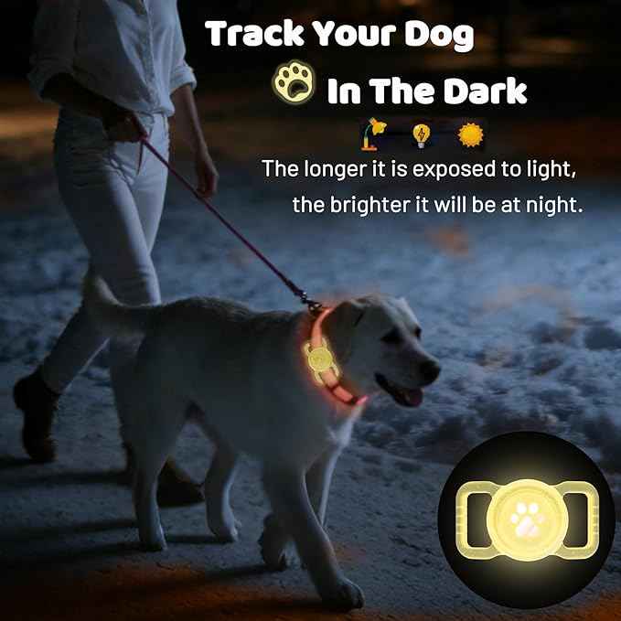 SANKALA Luminous Airtag Dog Collar Holder, [1 Pack] Glitter Waterproof Airtag Holder for Dog, Silicone Full Body Covered Anti-Lost Protective Airtag Case - Fits All Width Collars, Orange Glitter