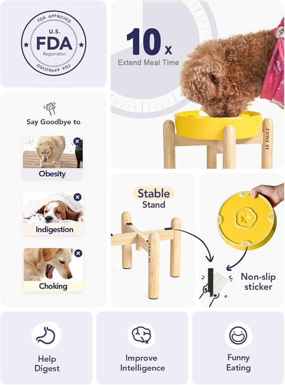 LE TAUCI Ceramic Slow Feeder Puzzle Bowl Elevated 1.5 Cup with Wooden Stand for Small & Medium Dog, Fast Eater Food Bowl, Star Yellow