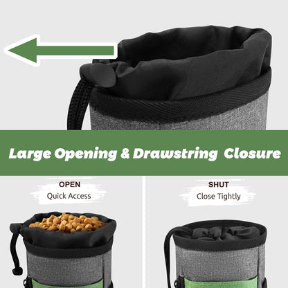 Upgraded large-sized Dog Treat Pouch with waist clip - Fashionable Green&Grey Design - Large Capacity Dog Treat Bag for Dog Walks,Outdoor Activities, Travel and Training - Includes 1 Poop Bags