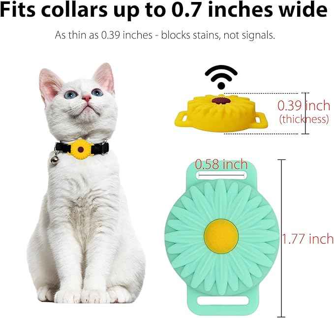 2-Pack AirTag Cat Collar Holder for Apple AirTag 2021, Silicone Air Tag Protective Case for Puppy Dog Collar with Screen Protectors - Sunflowers, Mint Green & Yellow