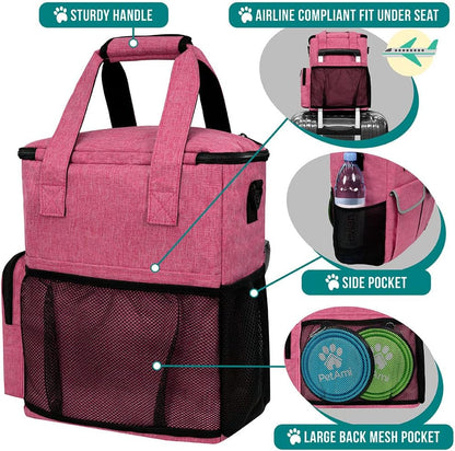 PetAmi Dog Travel Bag Pet Supplies Accessories Organizer for Traveling, Camping, Weekend; Cat Pet Travel Bag Kit Includes 2 Food Storage Containers, 2 Collapsible Bowls, 1 Feeding Mat (Pink)