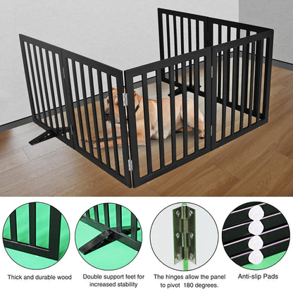 ZJSF Freestanding Indoor Dog Gate for House Foldable Wood Puppy Gate for Doorways Pet Gate for Stairs Extra Wide Pet Fence, Black, 24" Height 6 Panels