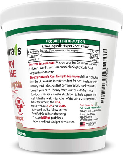 Cranberry D-Mannose for Dogs and Cats Urinary Tract Infection Support Prevents and Eliminates UTI, Bladder Infection Kidney Support 11.4 oz (Double Strength Soft Chew, 120 Soft Chew)