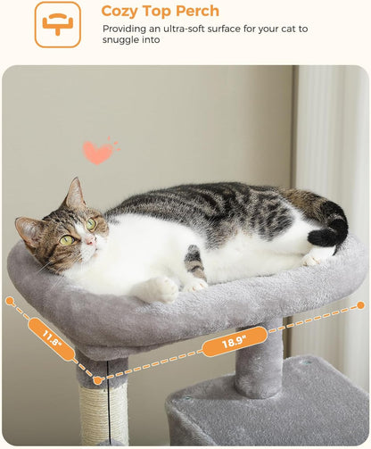 Cat Tree for Indoor Cats, 45.7" Multi-Level Cat Tower with Large Metal Frame Hammock, Cat Condo with 4 Scratching Posts and Top Perch for Small Medium Kitty, Grey