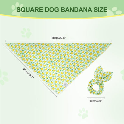 E-Clover Summer Lemon Dog Bandanas & Matching Scrunchie Set Green Stripe Dog Scarf Bibs Pet Bandana with Bow Tie for Small Dogs Puppy Owner Mom