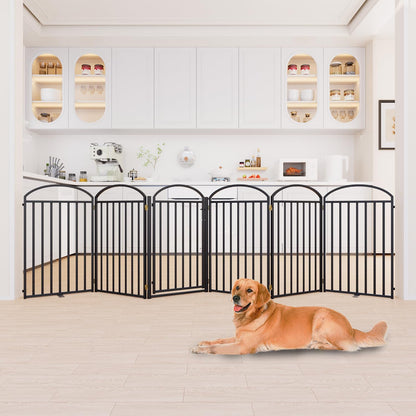 6 Panles Full Matel Freestanding Dog Gates with Door, 144"Extra Wide 36"Tall Free Standing Dog Pet Gate for Indoor & Outdoor. Foldable Pet Fences for Doorways, House, Stairs, Porch, Deck, Yard