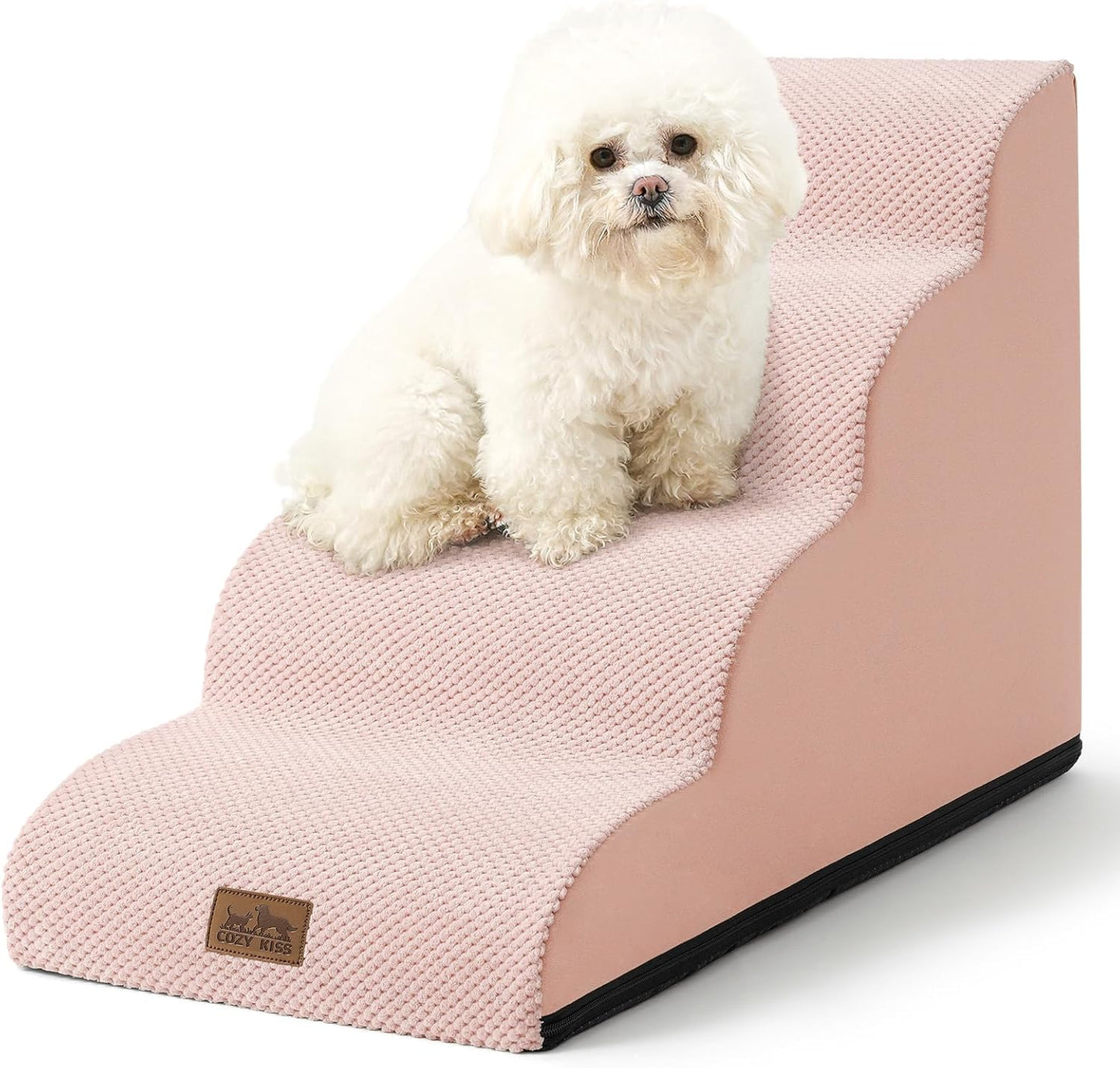 Dog Stairs for Small Dogs 19.7" H, Curved Dog Step for Puppy, Older or Cat, Medium Pet Ramp for Sofa, Couch or Bed, Ladder with High Density Foam, 15.7x28.3x19.7 inch, 4 Step, Pink - Pawvie